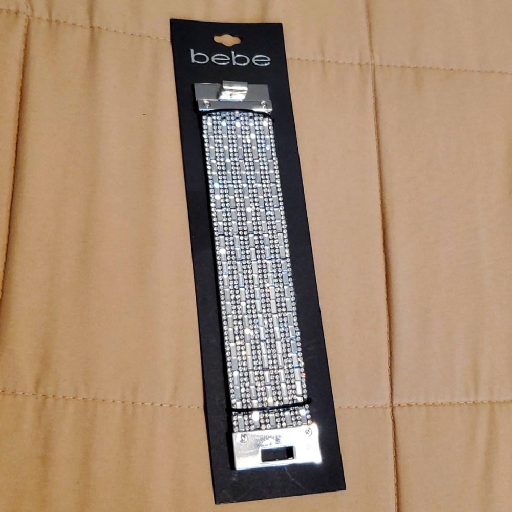 Bebe Rhinestone Silver Bracelet Felt Black Back